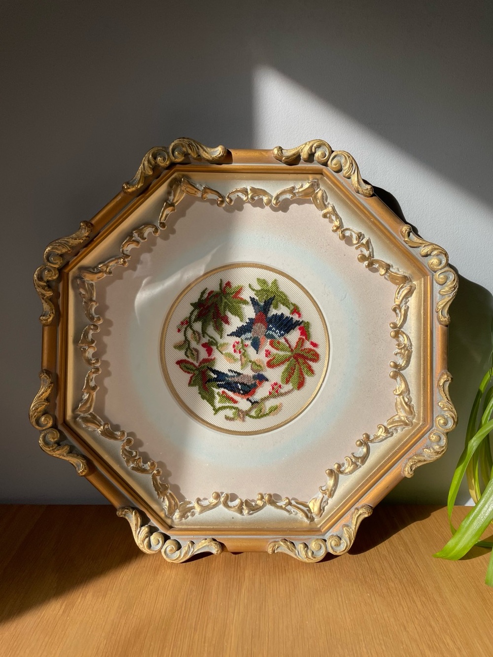 Vintage Octagonal Ornate Gold Frame Blue Bird Petit Point Needlepoint Wreath 12”